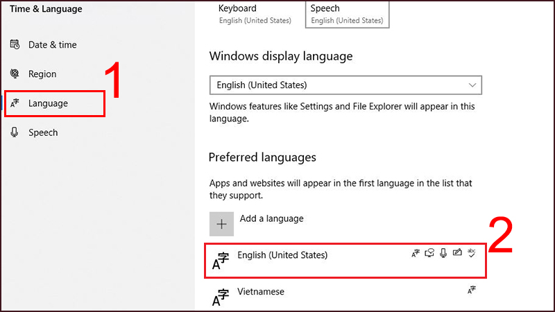 Chọn Language ở khung bên trái > Chọn Preferred language.