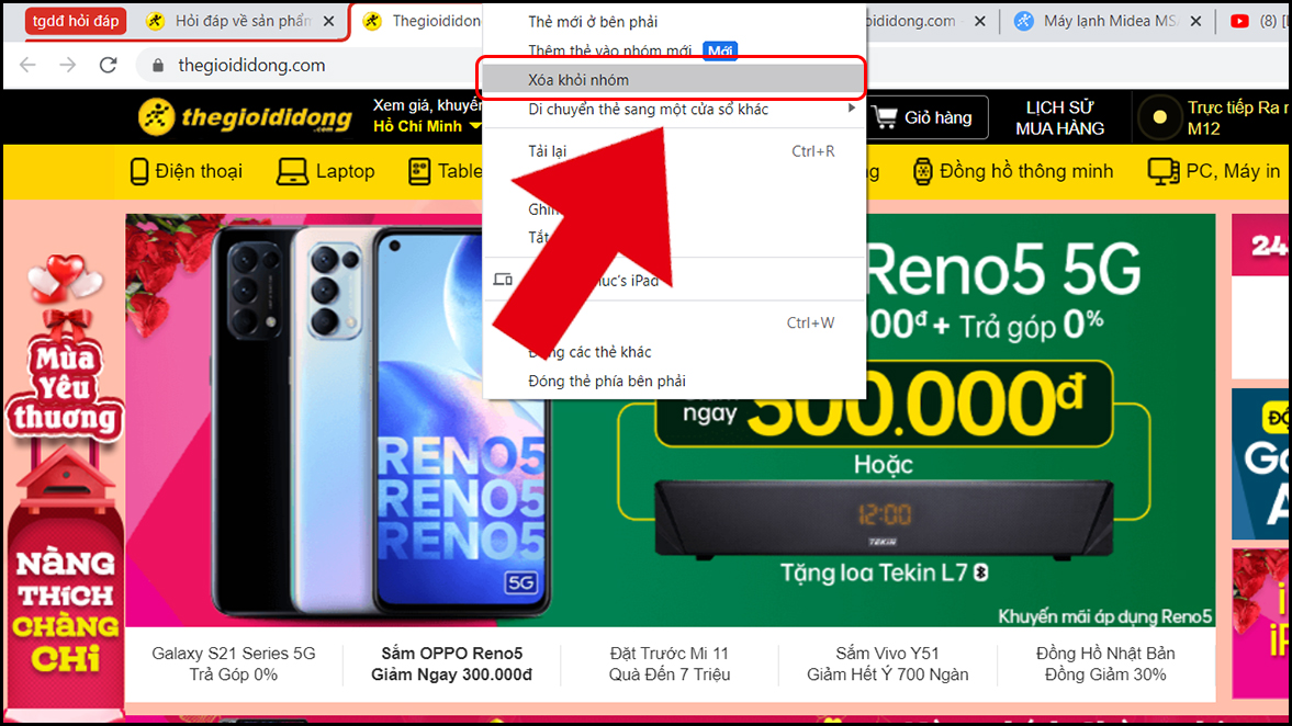 xóa tab khởi nhóm
