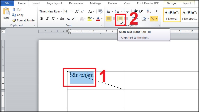 Nhập nội dung vào phần trên của ô kẻ chéo  Bôi đen nội dung vừa nhập  Tại tab Home chọn biểu tượng Align Right.