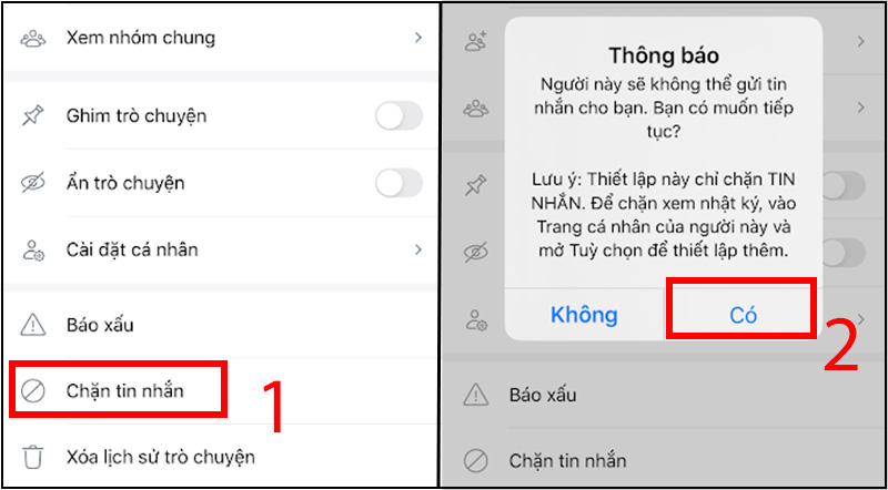 Chọn và xác nhận chặn tin nhắn