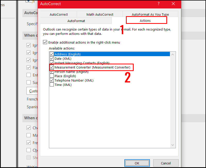Bật t&iacute;nh năng chuyển đổi đơn vị đo trong Outlook