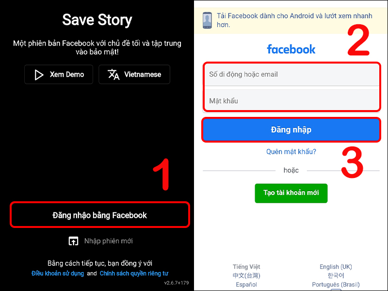 Đăng nhập Facebook bằng ứng dụng Save Story For Facebook
