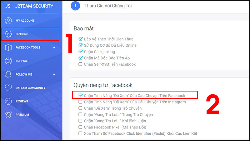 Chọn Option nằm ở bên trái > Click vào ô Chặn Tính Năng 
