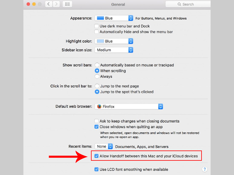 Tích chọn Allow Handoff between this Mac and your iCloud devices
