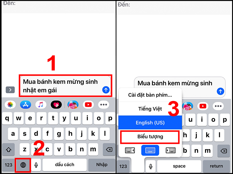 Nhấn và giữ biểu tượng Quả địa cầu và chọn bàn phím Biểu tượng