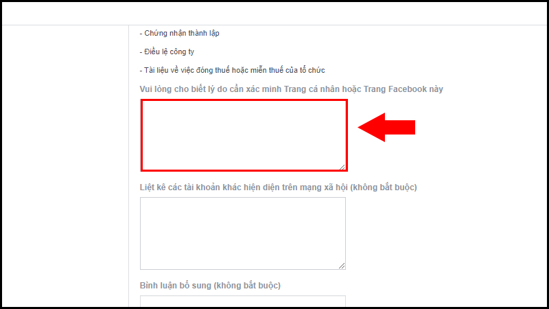 Điền lý do cần xác minh cho Facebook cá nhân, tổ chức