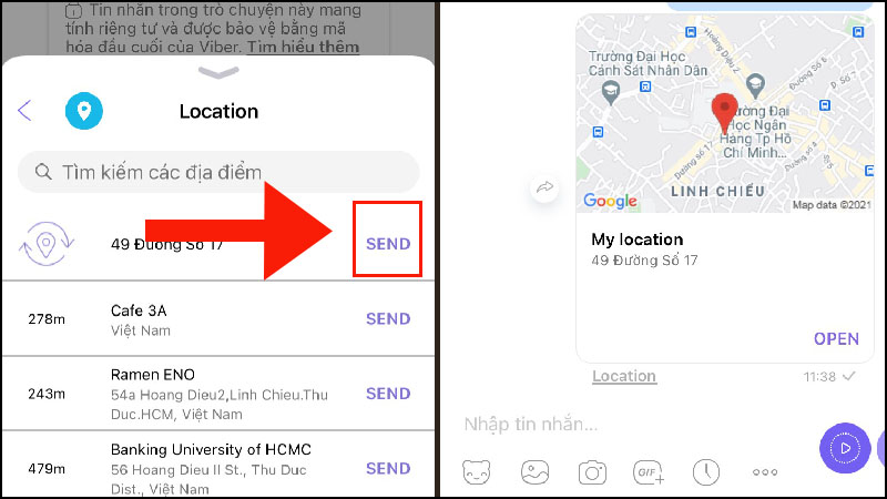 Chọn Send (Gửi) địa điểm cần chia sẻ và hoàn tất.