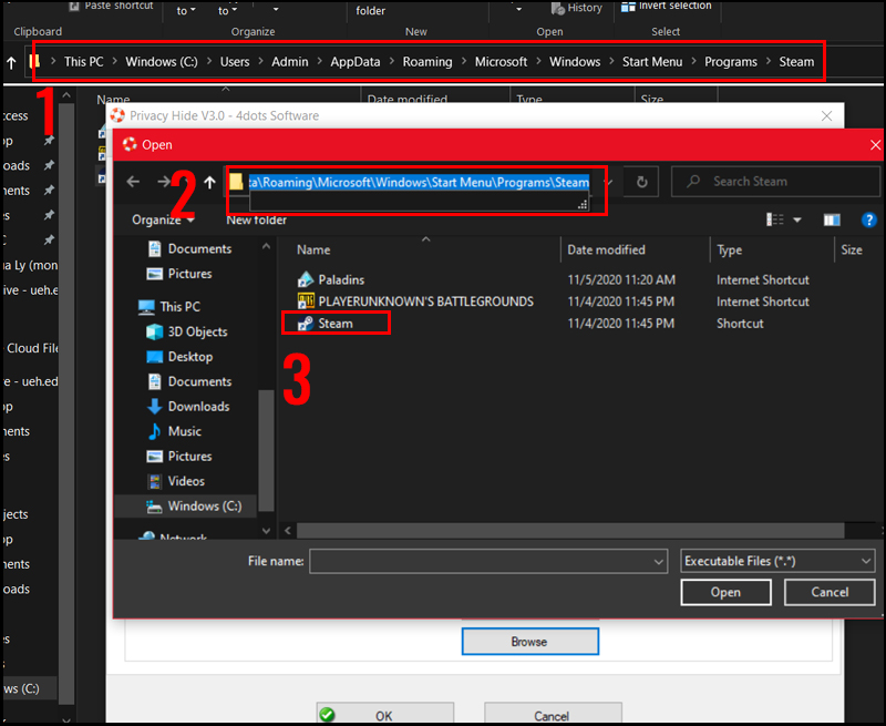 Sao ch&eacute;p địa chỉ file .EXE đ&oacute;