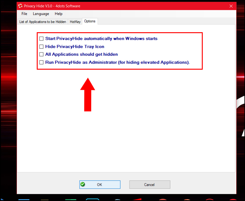 Mục Options với nhiều lựa chọn kh&aacute;c