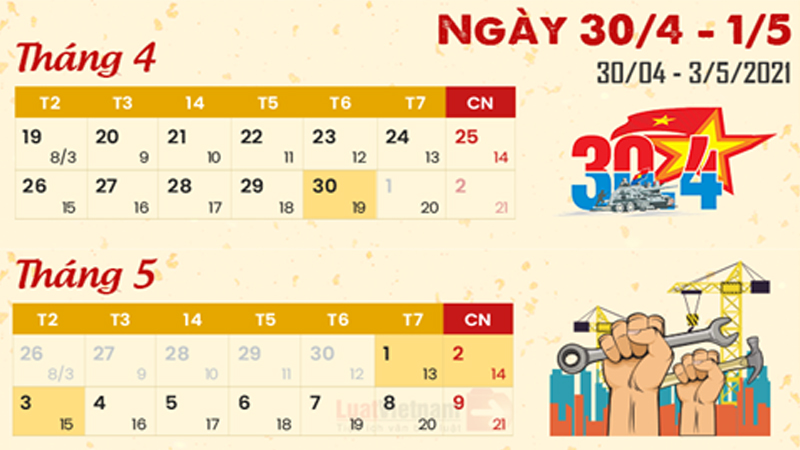 Lịch nghỉ lễ 30/4 - 1/5 năm 2021