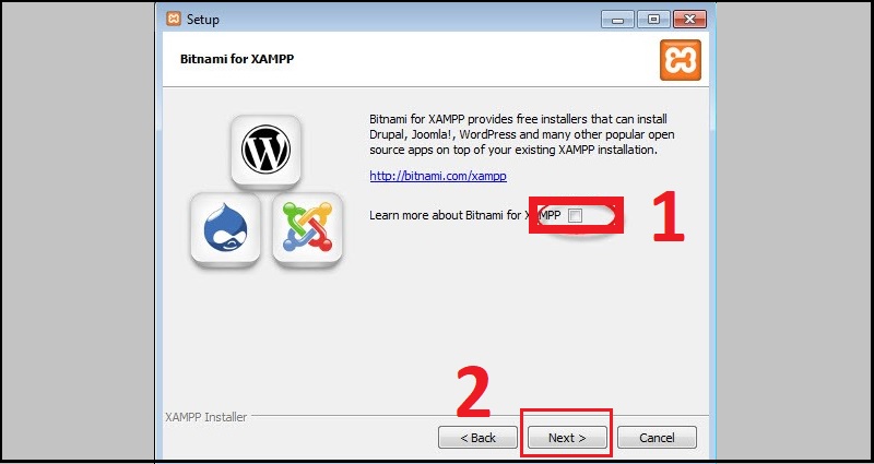Bỏ chọn phần Learn more about Bitnami for XAMPP 