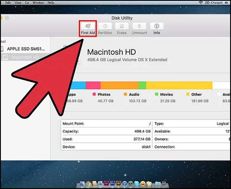 Thử chạy First Aid trên ổ cứng để giải quyết tình trạng ổ cứng không xuất hiện