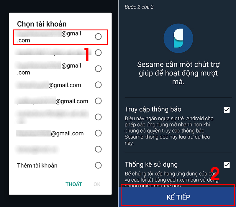Chọn tài khoản đăng nhập vào Sesame và hoàn tất cài đặt