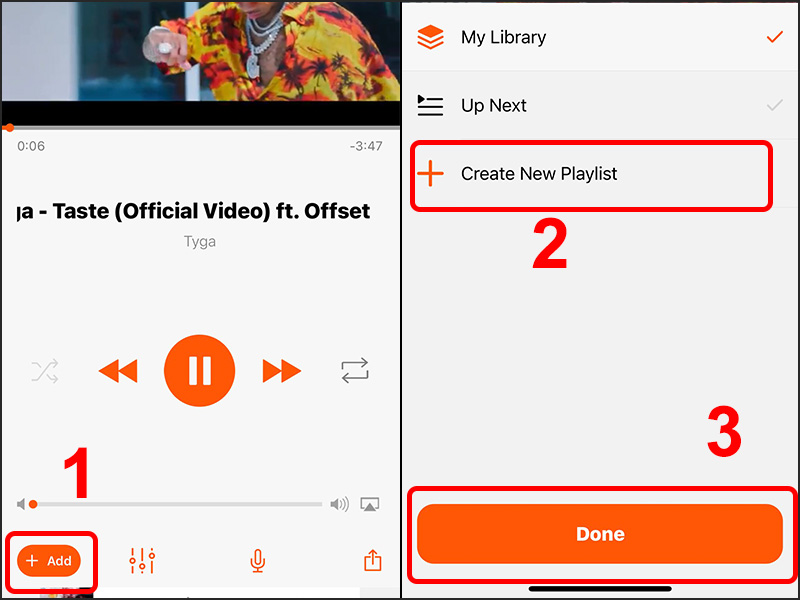 Bấm Add và chọn Creat New Playlist để tạo list nghe