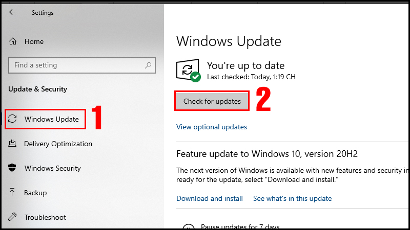 Chọn Check for updates tại mục Windows Update