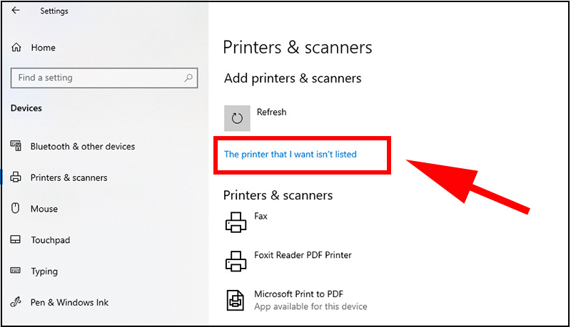 Bấm The printer that I want isn’t listed để máy tính tiếp tục kết nối với máy in