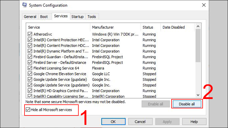 Chọn Hide all Microsoft services v&agrave; chọn Disable all