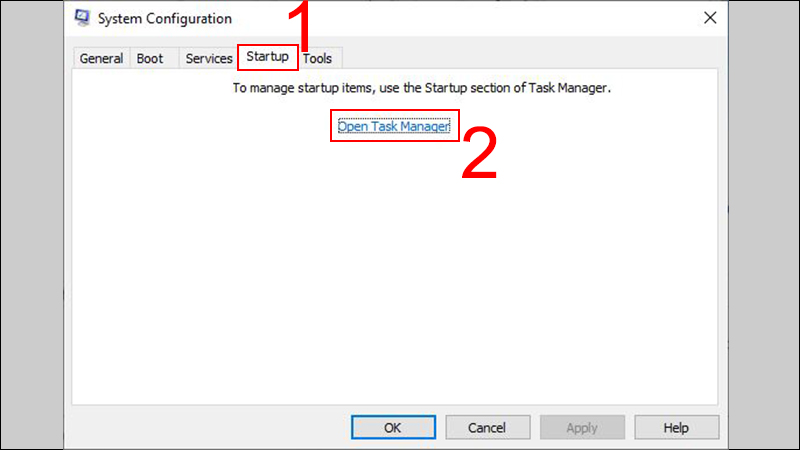 Chọn tab Startup của System Configuration v&agrave; chọn Open Task Manager