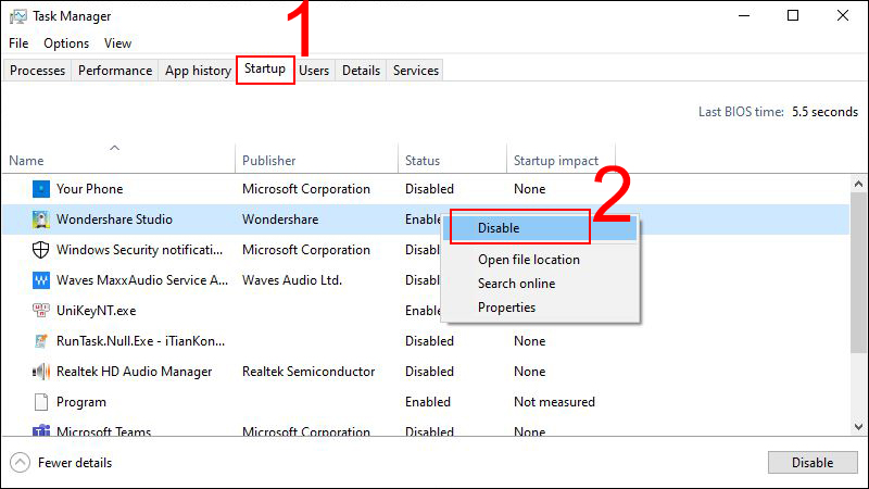 Chọn tab Start up của Task Manager, nhấn phải chuột v&agrave;o c&aacute;c mục đang ở chế độ Enable v&agrave; chọn Disable
