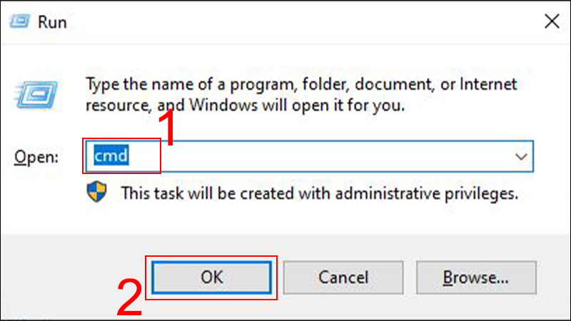 Nhấn ph&iacute;m Windows + R, nhập cmd v&agrave; chọn OK