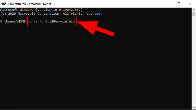 Nhập v&agrave;o c&acirc;u lệnh rd /s /q C:\$Recycle.bin v&agrave;o Command Prompt v&agrave; nhấn Enter