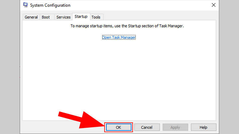 Tr&ecirc;n tab Startup của System Configuration, chọn OK
