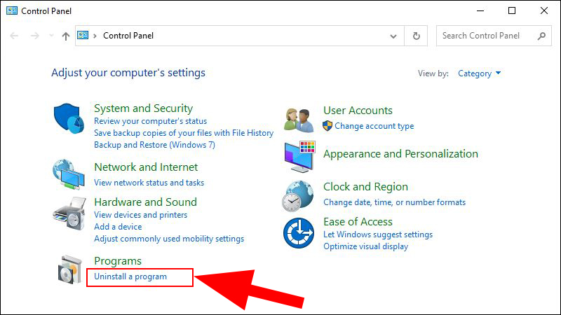 V&agrave;o Control Panel v&agrave; chọn Uninstall a program