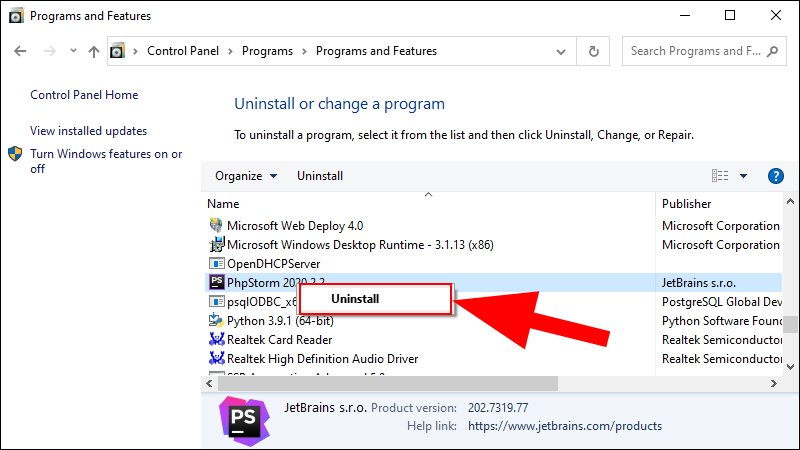Nh&aacute;y phải chuột v&agrave;o t&ecirc;n ứng dụng thứ ba cần x&oacute;a v&agrave; chọn Uninstall