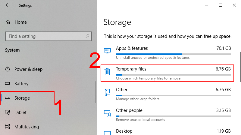 Chọn Storage v&agrave; chọn Temporary files