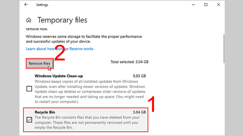 Nhấn chọn Recycle Bin v&agrave; chọn Remove files