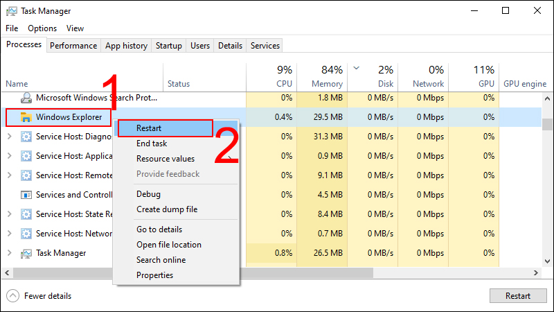 Nhấp chuột phải v&agrave;o Windows Explorer v&agrave; chọn Restart