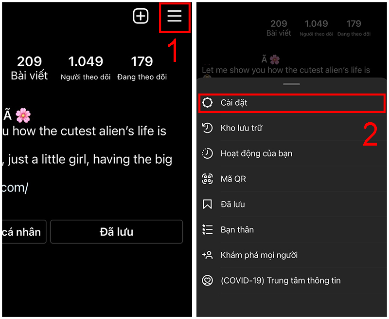 Mở C&agrave;i đặt tr&ecirc;n Instagram