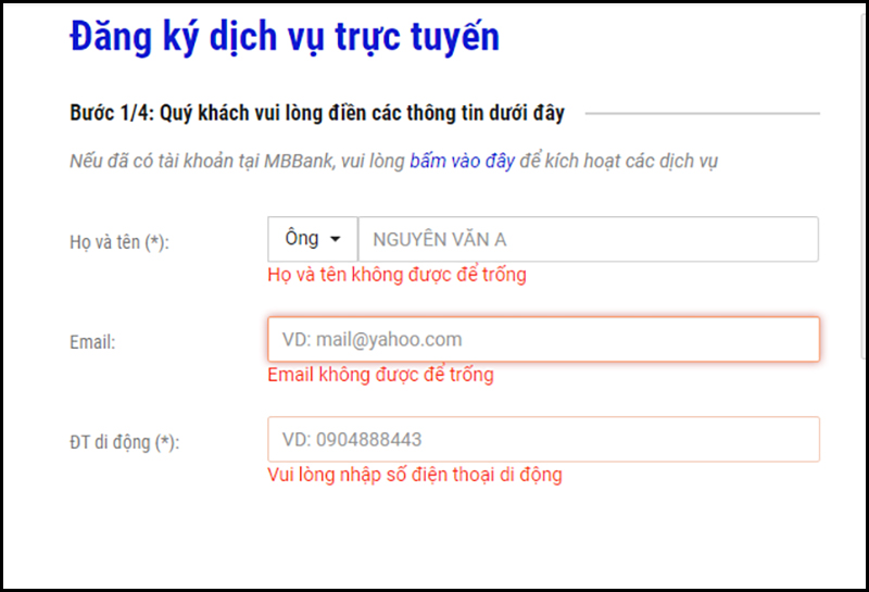 Mẫu đăng ký dịch vụ SMS Banking online tại MBBank