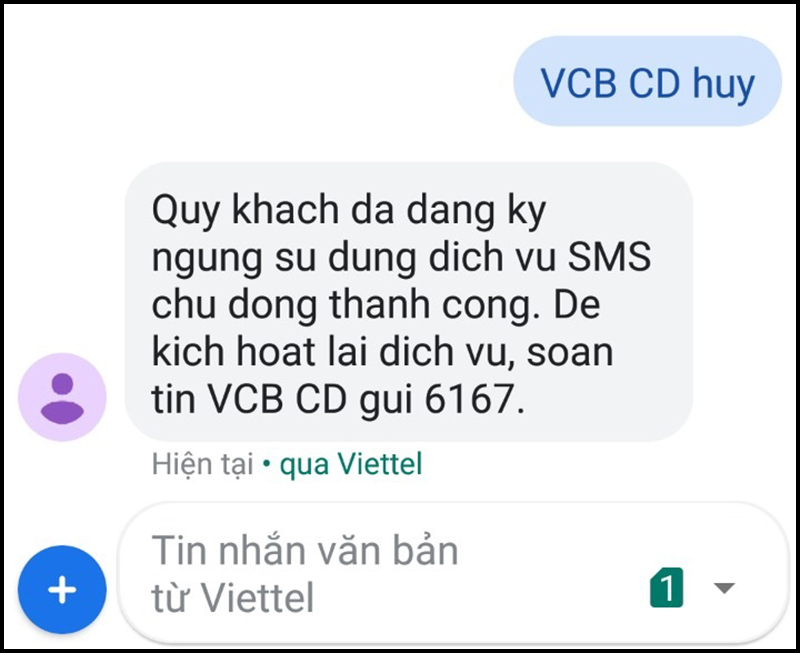 Huỷ đăng ký SMS Banking ngân hàng Vietcombank trên điện thoại