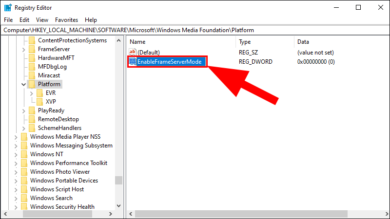 Đặt tên là EnableFrameServerMode cho value mới tạo