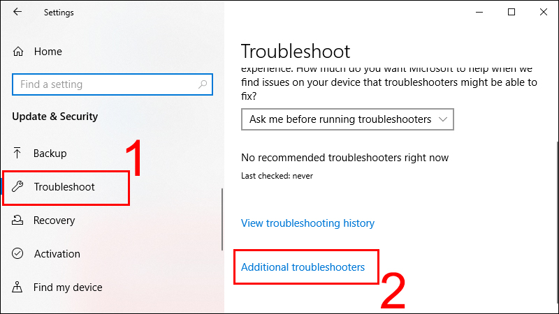 Chọn Troubleshoot và chọn Additional Troubleshooter