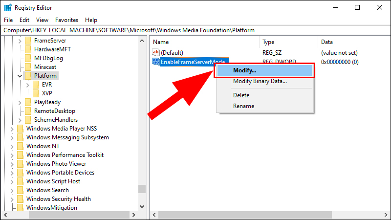 Nhấp phải chuột vào EnableFrameServerMode và chọn Modify