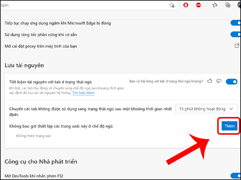 Th&ecirc;m trang web kh&ocirc;ng muốn ở chế độ ngủ