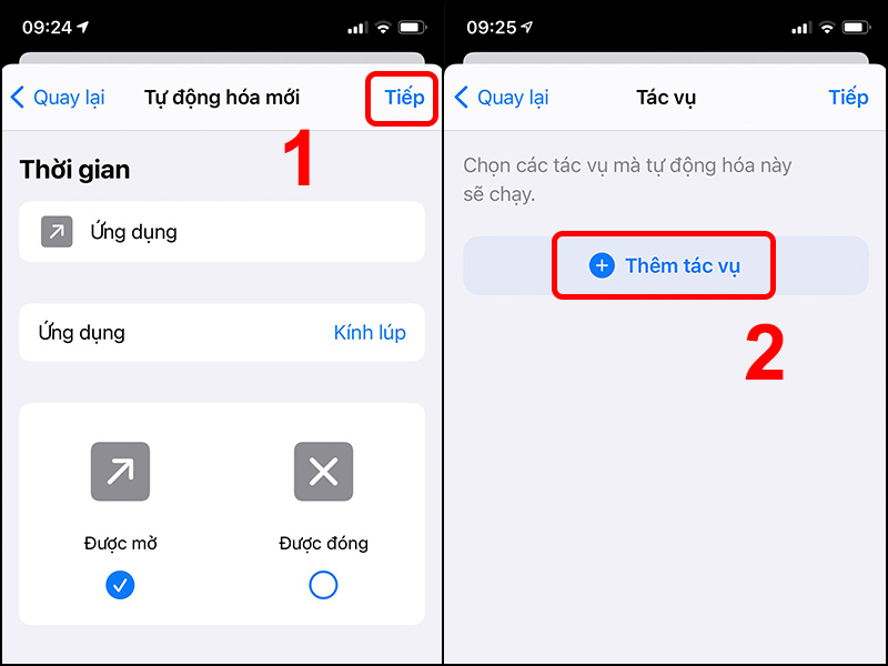 Nhấn Tiếp để sang tab mới v&agrave; chọn Th&ecirc;m t&aacute;c vụ