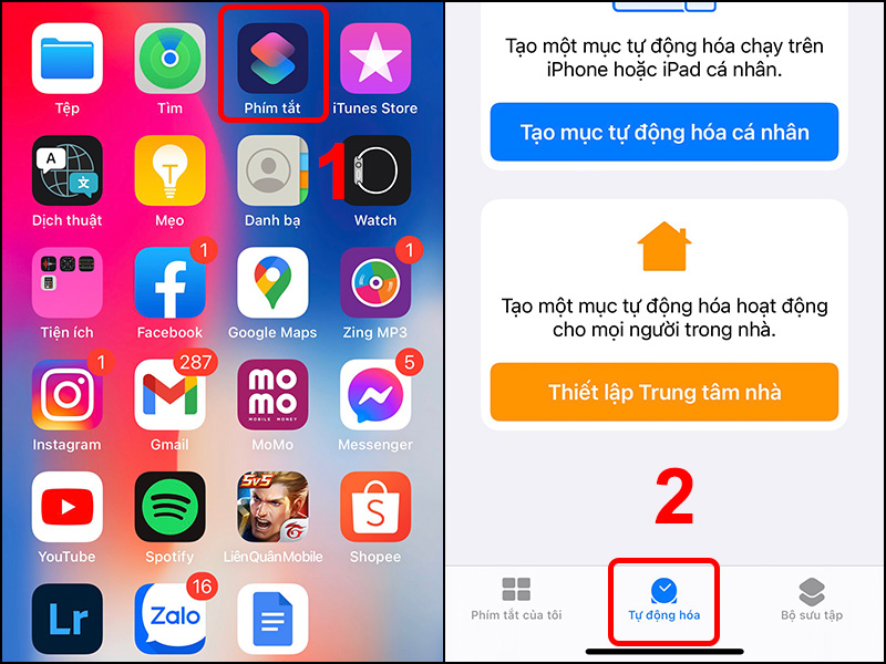 V&agrave;o Ph&iacute;m tắt v&agrave; chuyển qua tab Tự động h&oacute;a