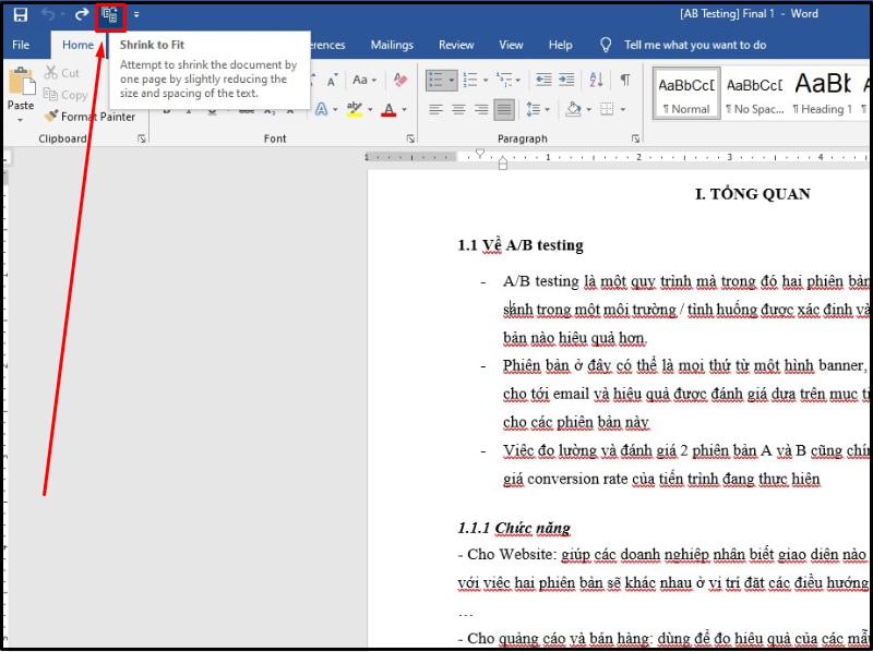 Thu nhỏ văn bản bằng c&aacute;ch nhấn v&agrave;o biểu tượng Shrink One Page
