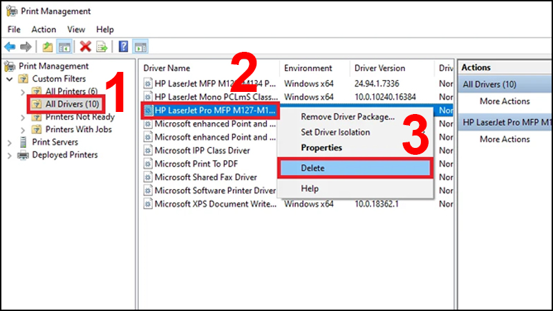 Click chuột phải vào tên driver máy in và chọn Delete