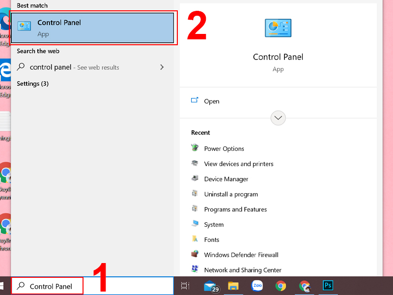 Tìm kiếm và mở Control Panel