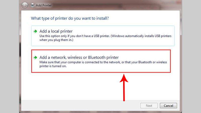Cửa sổ mới hiện lên nhấn chọn Add a network, wireless or Bluetooth printer