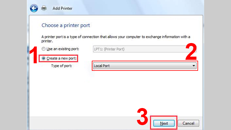 Tick chọn Create a new port, đổi mục type và chọn Next