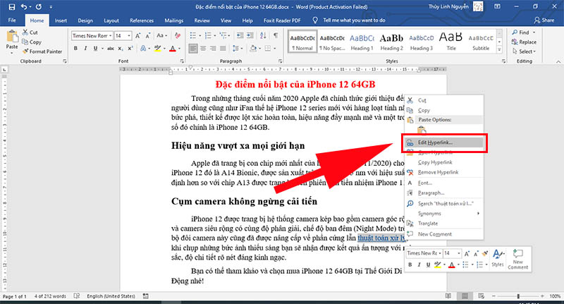 Chọn Edit Hyperlink để chỉnh sửa lại liên kết