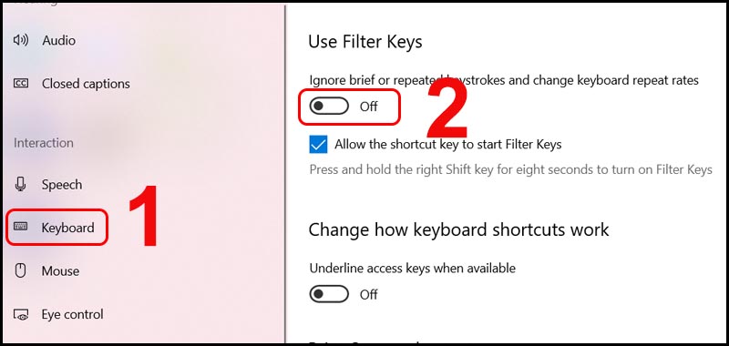 Thao tác chọn Keyboard rồi tắt Filter Key