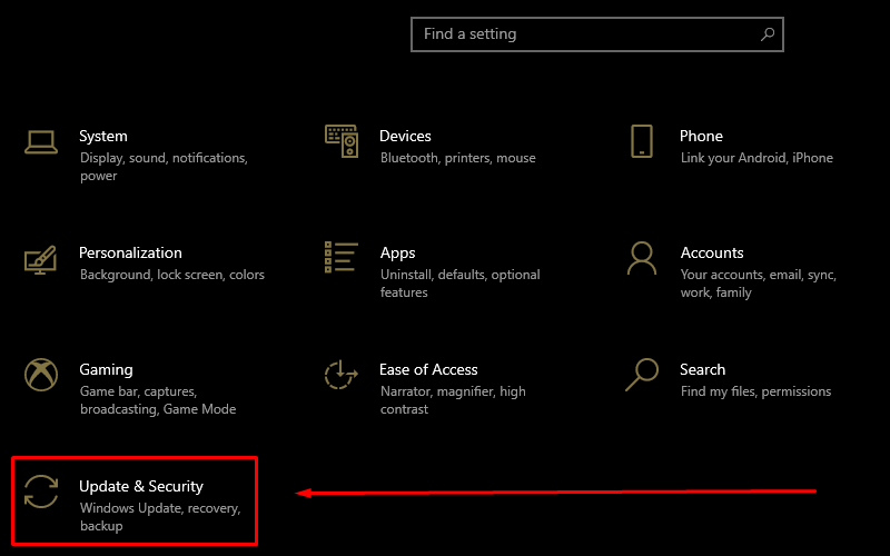 Thực hiện nhấn vào mục Update and Security trong Settings