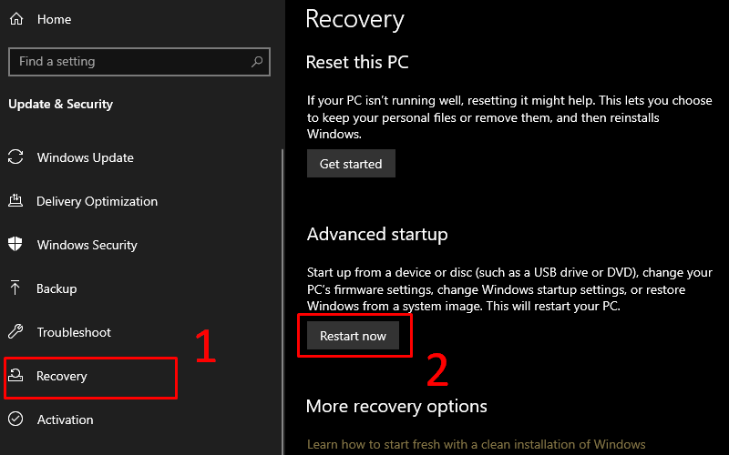 Nhấn mục Recovery và chọn Restart now để khởi động lại máy tính vào menu đặc biệt