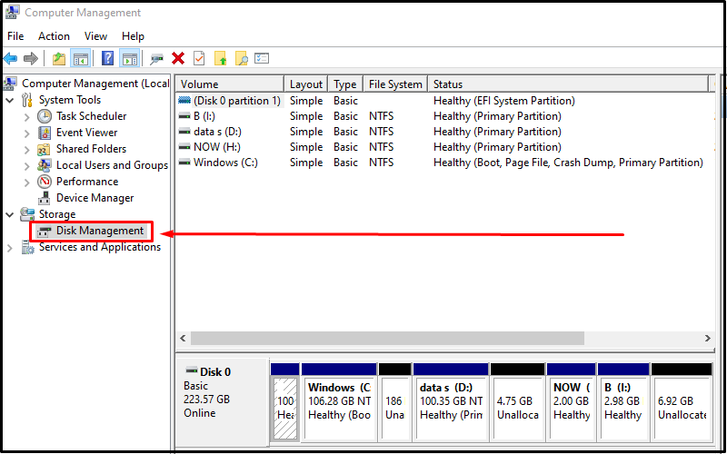 Bấm vào Disk Management ở mục Storage